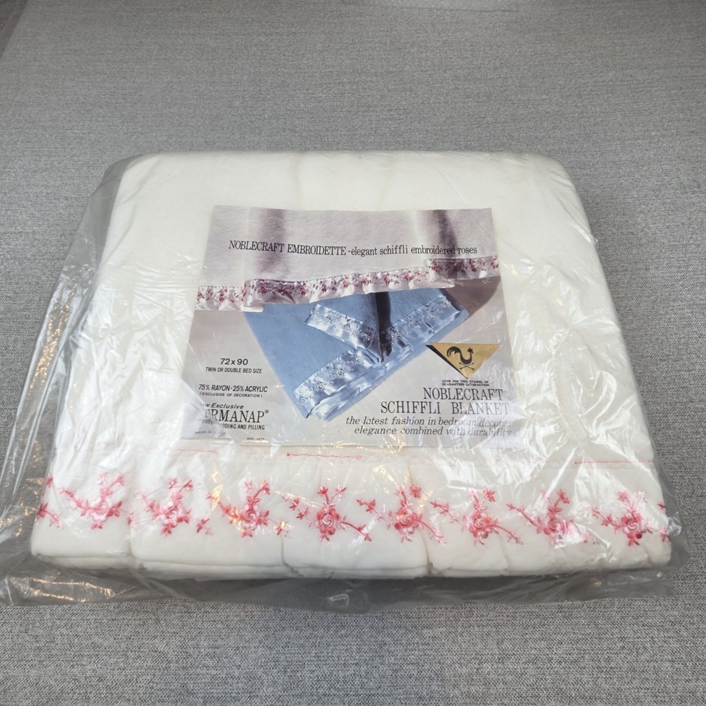 Vintage Noblecraft Schiffli Embroidered Satin Trim Twin/Full Blanket Cottagecore